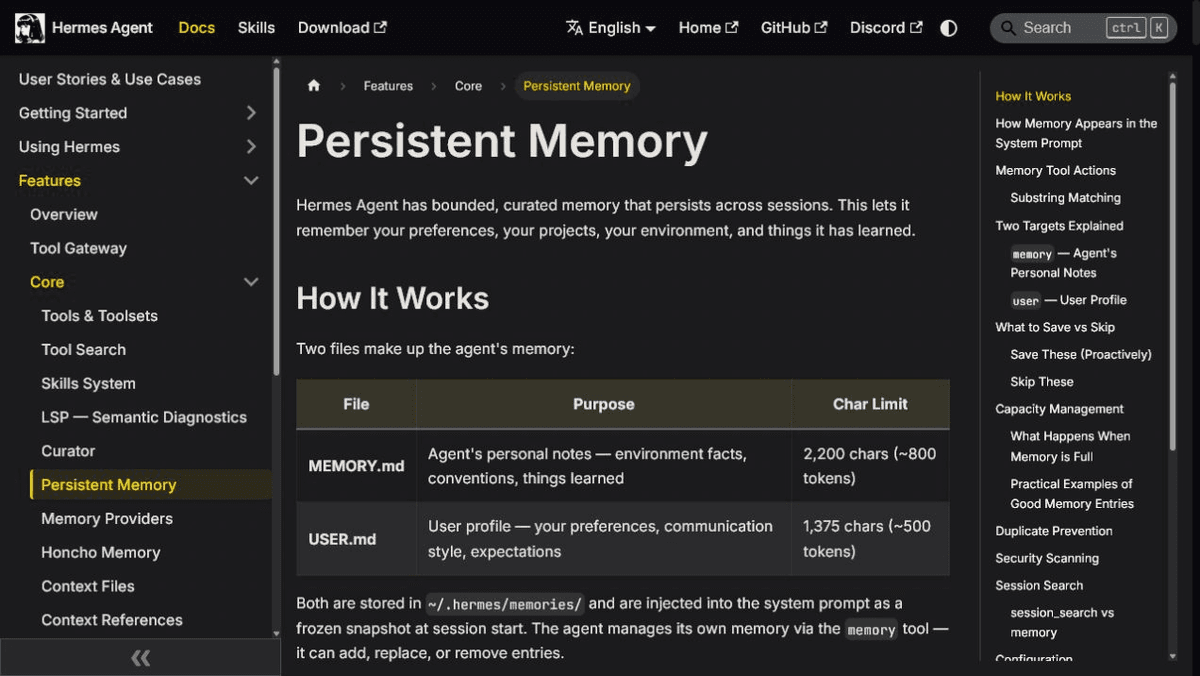 Документация Hermes: страница Persistent Memory