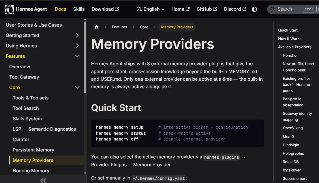 Документация Hermes: страница Memory Providers