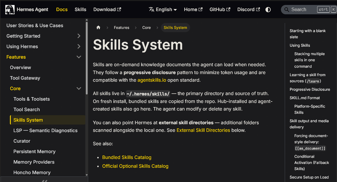 Документация Hermes: страница Skills System