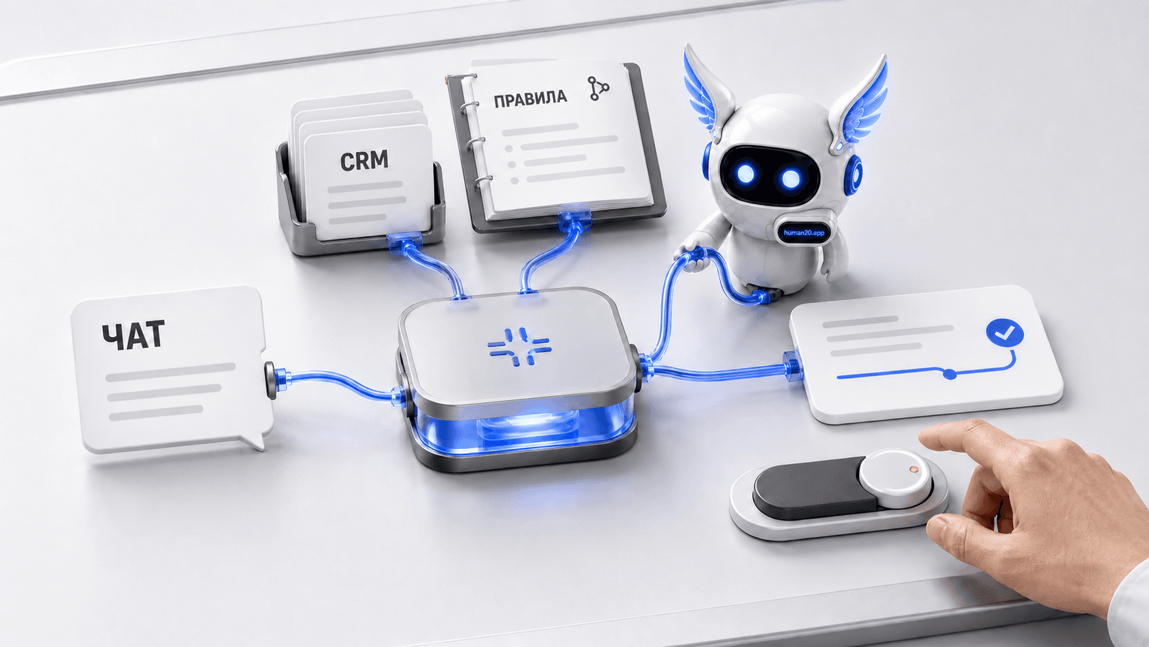 Агент сопоставляет запрос из чата с данными CRM и правилами