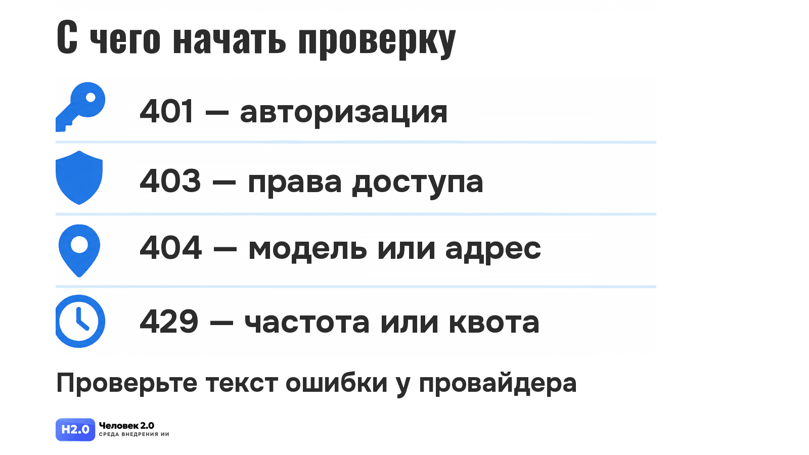 С чего начать проверку ошибок 401, 403, 404 и 429 при подключении модели