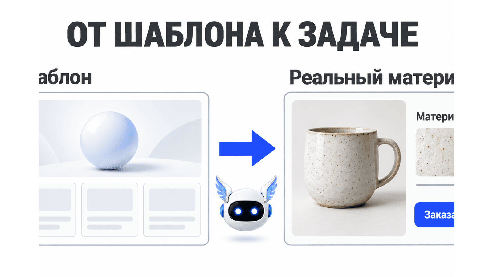 Учебное сравнение: пустые обещания заменены изображением товара и действием. Все изображения в схеме сгенерированы.