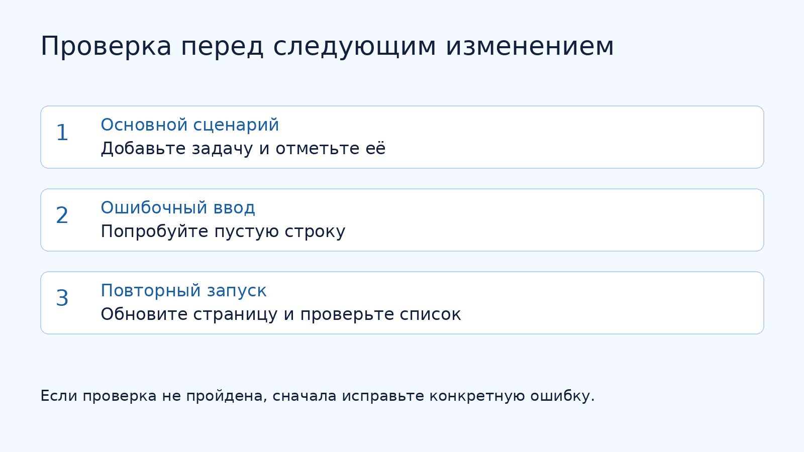 Три проверки проекта: основной сценарий, пустой ввод и повторный запуск