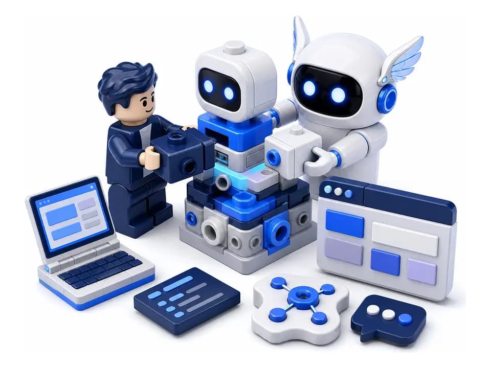 LEGO-сцена Human20: человек и роботы собирают персональный рабочий контур агента