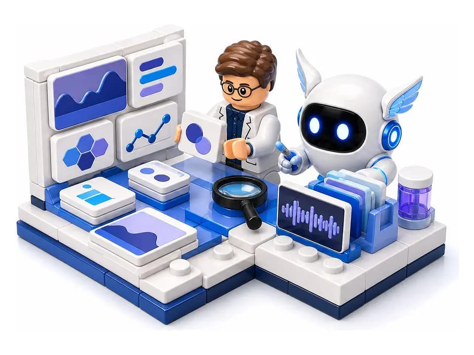 LEGO-сцена Human20: агент и аналитик исследуют данные и готовят отчёт